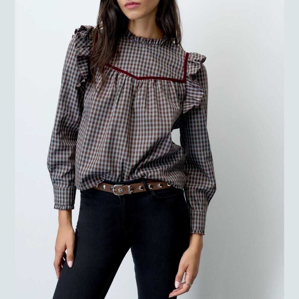 Brown Blue Plaid Ruffle Yoke Stand Collar Long Sleeve Blouse